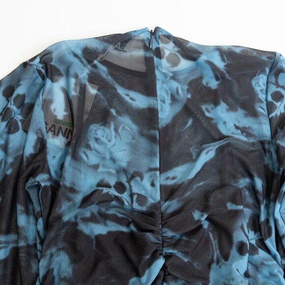 GANNI Blue Printed Mesh O-neck Ruched Long Dress Floral Size 36 - Picture 10 of 14